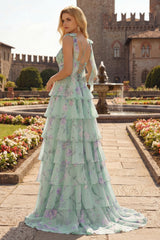 Green and Purple Floral Ruffled Spaghetti Straps Long Prom Dress with Slit