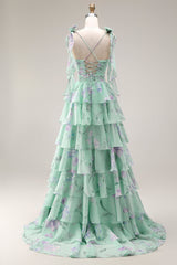 Green and Purple Floral Ruffled Spaghetti Straps Long Prom Dress with Slit
