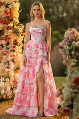 Sparkly Floral White Pink Ruffled Strapless Long Corset Prom Dress