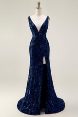 Sparkly Navy Sequin Mermaid Long Prom Dress with Slit
