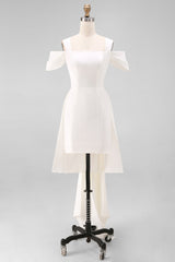 White Satin Off the Shoulder Bodycon Short Engagement Dress with Bows
