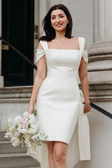 White Satin Off the Shoulder Bodycon Short Engagement Dress with Bows
