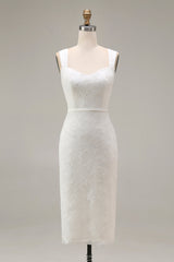 Ivory Thick Straps Lace Bodycon Midi Engagement Dress