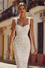 Ivory Thick Straps Lace Bodycon Midi Engagement Dress