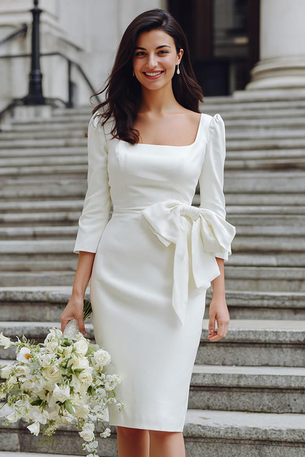 White Bodycon Square Neck Midi Wedding Dress with Bow