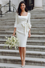 White Bodycon Square Neck Midi Wedding Dress with Bow