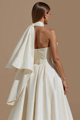 White Sweetheart A Line Midi Engagement Dress with Belt