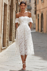 White Lace Off the Shoulder Midi Engagement Dress with Pockets