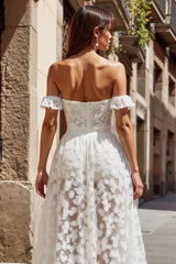 Ivory A Line Floral Appliqued Long Boho Wedding Dress