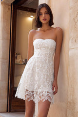 White Strapless A Line Lace Short Bachelorette Dress