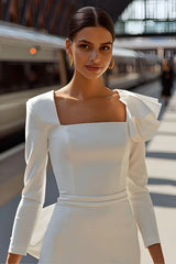 White Bodycon Square Neck Ruffled Midi Wedding Dress with Bow