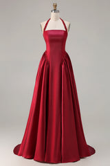 Sparkly Burgundy A-Line Satin Halter Long Prom Dress with Sequin