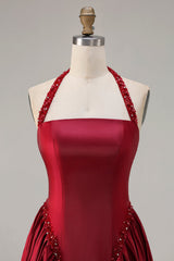 Sparkly Burgundy A-Line Satin Halter Long Prom Dress with Sequin