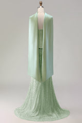 Sparkly Sage Green Neck Scarf Mermaid Long Prom Dress with Beading