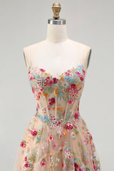 Sparkly Champagne Flowers Corset A-Line Long Prom Dress