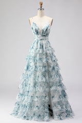 Blue Ruffled A-Line Tiered Long Prom Dress with Slit