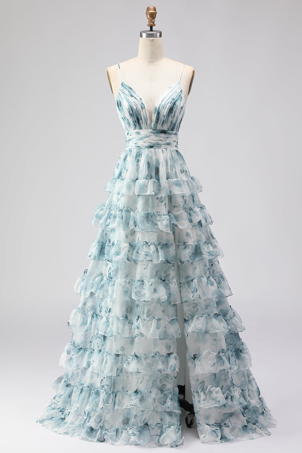 Blue Ruffled A-Line Tiered Long Prom Dress with Slit