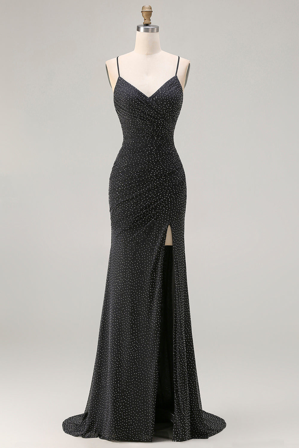 Black Polka Dots Mermaid Criss Cross Back Long Prom Dress with Slit