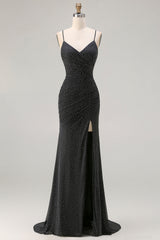 Black Polka Dots Mermaid Criss Cross Back Long Prom Dress with Slit