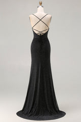 Black Polka Dots Mermaid Criss Cross Back Long Prom Dress with Slit