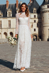 Ivory Sheath High Neck Long Boho Wedding Dress with Sleeves