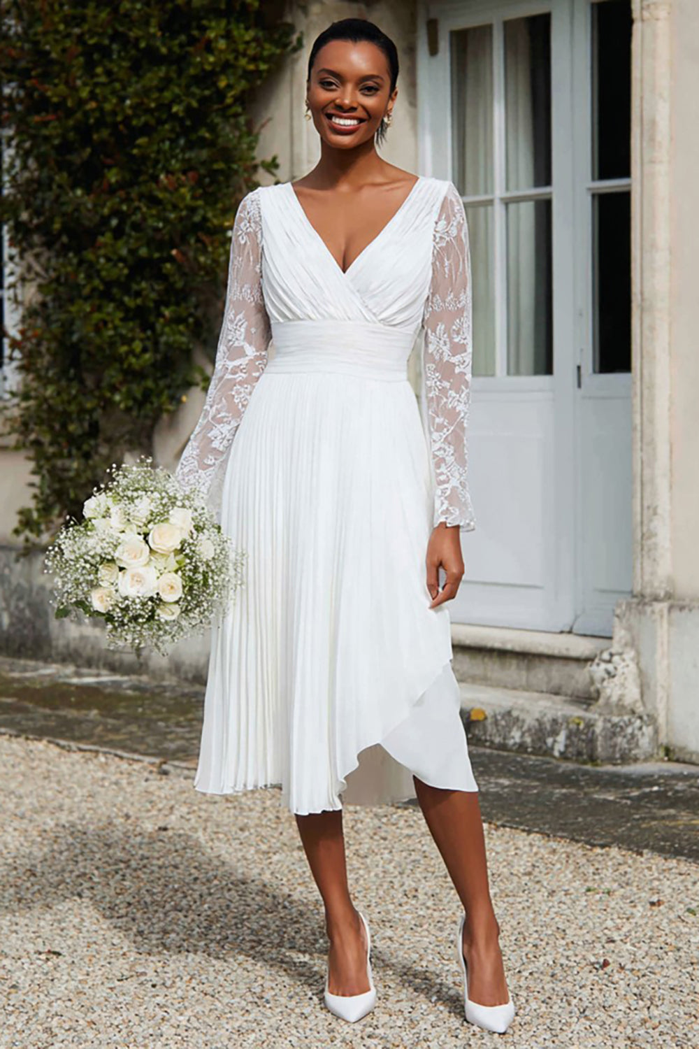 Ivory Pleated V-Neck Midi Engagement Dress with Lace