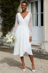 Ivory Pleated V-Neck Midi Engagement Dress with Lace