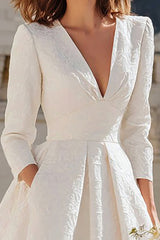 Ivory V-Neck A Line Midi Bridal Dress with Pockets