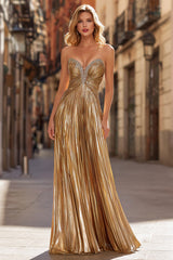 Sparkly Gold Beaded Pleated Strapless Long Prom Dress