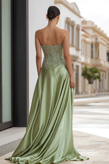 Sage Green Satin Appliqued Strapless Long Prom Dress with Slit