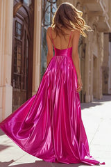 Sparkly Fuchsia Metallic Spaghetti Straps Pleated Long Prom Dress with Slit