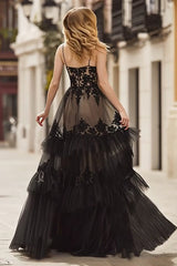 Black Lace Spaghetti Straps Corset Ruffled Long Prom Dress