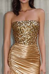 Sparkly Gold Mermaid Strapless Long Prom Dress with Slit
