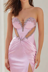 Sparkly Pink Satin Mermaid Strapless Cut Out Long Prom Dress with Slit