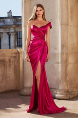 Fuchsia Satin Mermaid One Shoulder Long Prom Dress with Slit