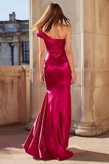 Fuchsia Satin Mermaid One Shoulder Long Prom Dress with Slit