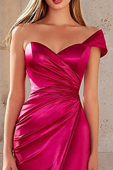 Fuchsia Satin Mermaid One Shoulder Long Prom Dress with Slit