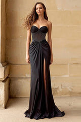 Sparkly Black Strapless Long Corset Prom Dress with Slit