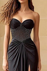 Sparkly Black Strapless Long Corset Prom Dress with Slit