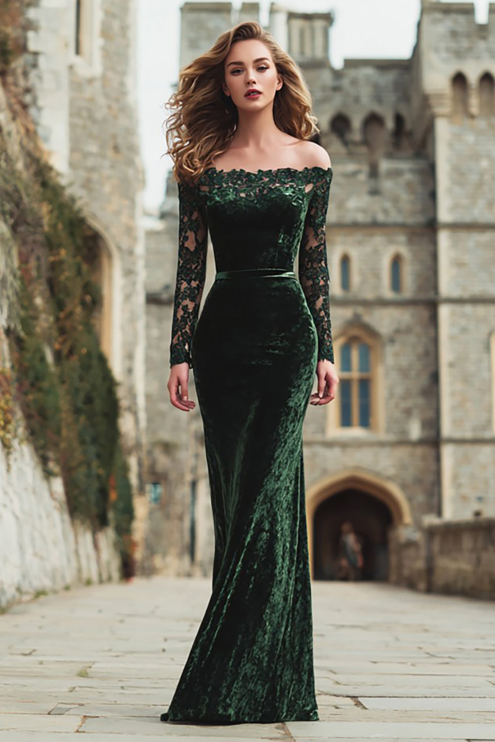 Dark Green Off the Shoulder Mermaid Long Sleeves Formal Dress with Lace