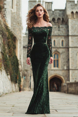 Dark Green Off the Shoulder Mermaid Long Sleeves Formal Dress with Lace