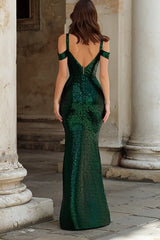 Sparkly Dark Green Cold Shoulder Mermaid Long Prom Dress