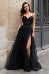 Sparkly Black Spaghetti Straps Long Prom Dress with Sequins