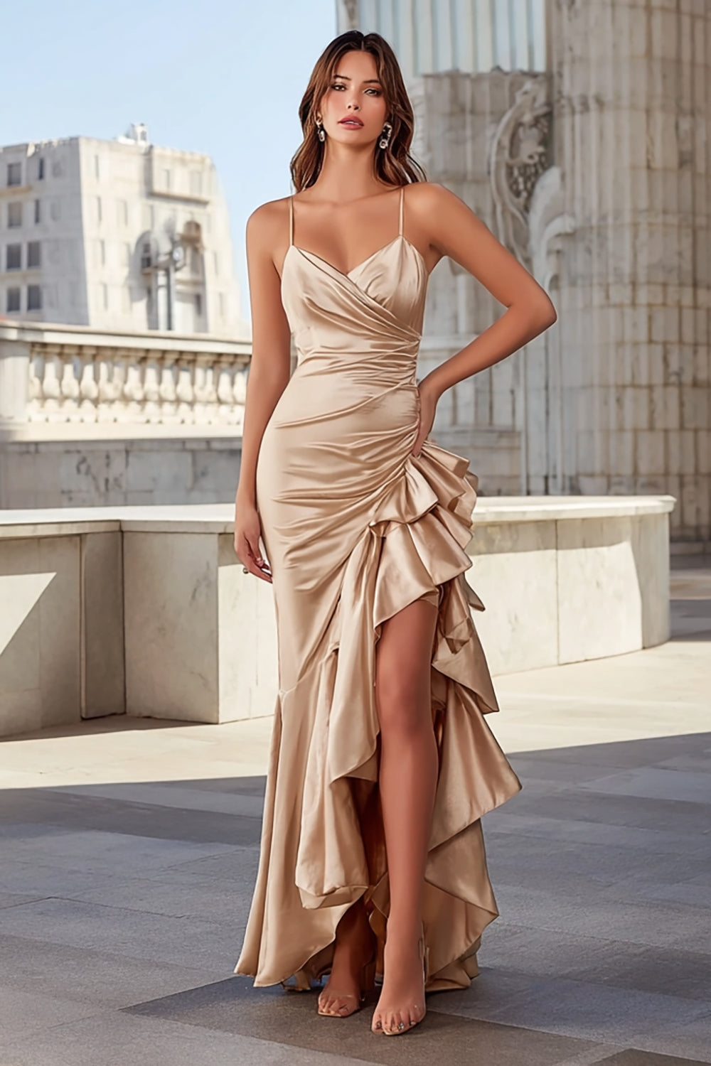 Champagne Spaghetti Straps Ruffled Mermaid Long Prom Dress with Slit