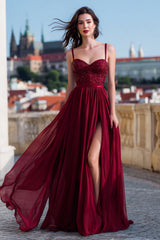 Sparkly Burgundy Sequin Spaghetti Straps Long Prom Dress