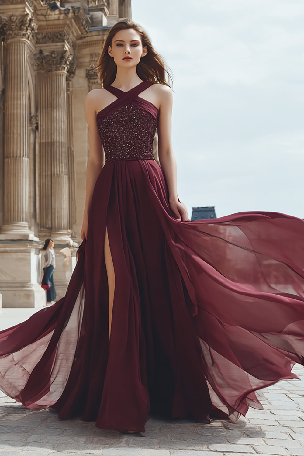 Sparkly Burgundy Sequin Long Prom Dress with Slit