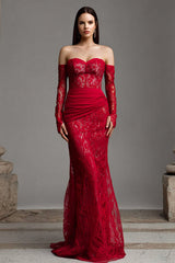 Red Lace Mermaid Strapless Long Corset Prom Dress with Sleeves