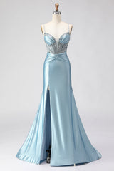 Sparkly Dusty Blue Satin Mermaid Long Corset Prom Dress with Slit