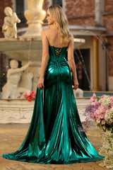 Sparkly Dark Green Mermaid Metallic Strapless Long Corset Prom Dress with Slit