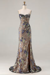 Sparkly Floral Black Beaded Mermaid Long Corset Prom Dress with Slit